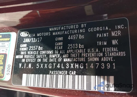 2017 Kia Optima Lx from USA, damaged, VIN 5XXGT4L3XHG147391